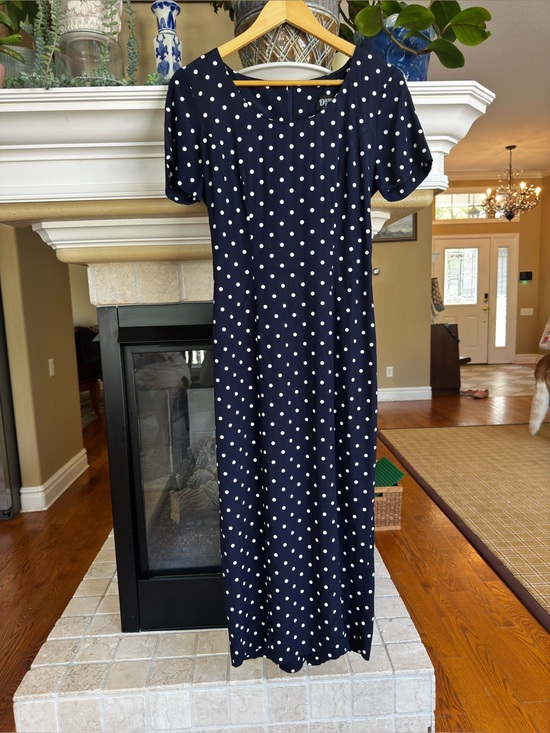 dawn joy fashions Dresses & Skirts - Vintage 90s Dawn Joy Navy & White Polka Dot Maxi Dress